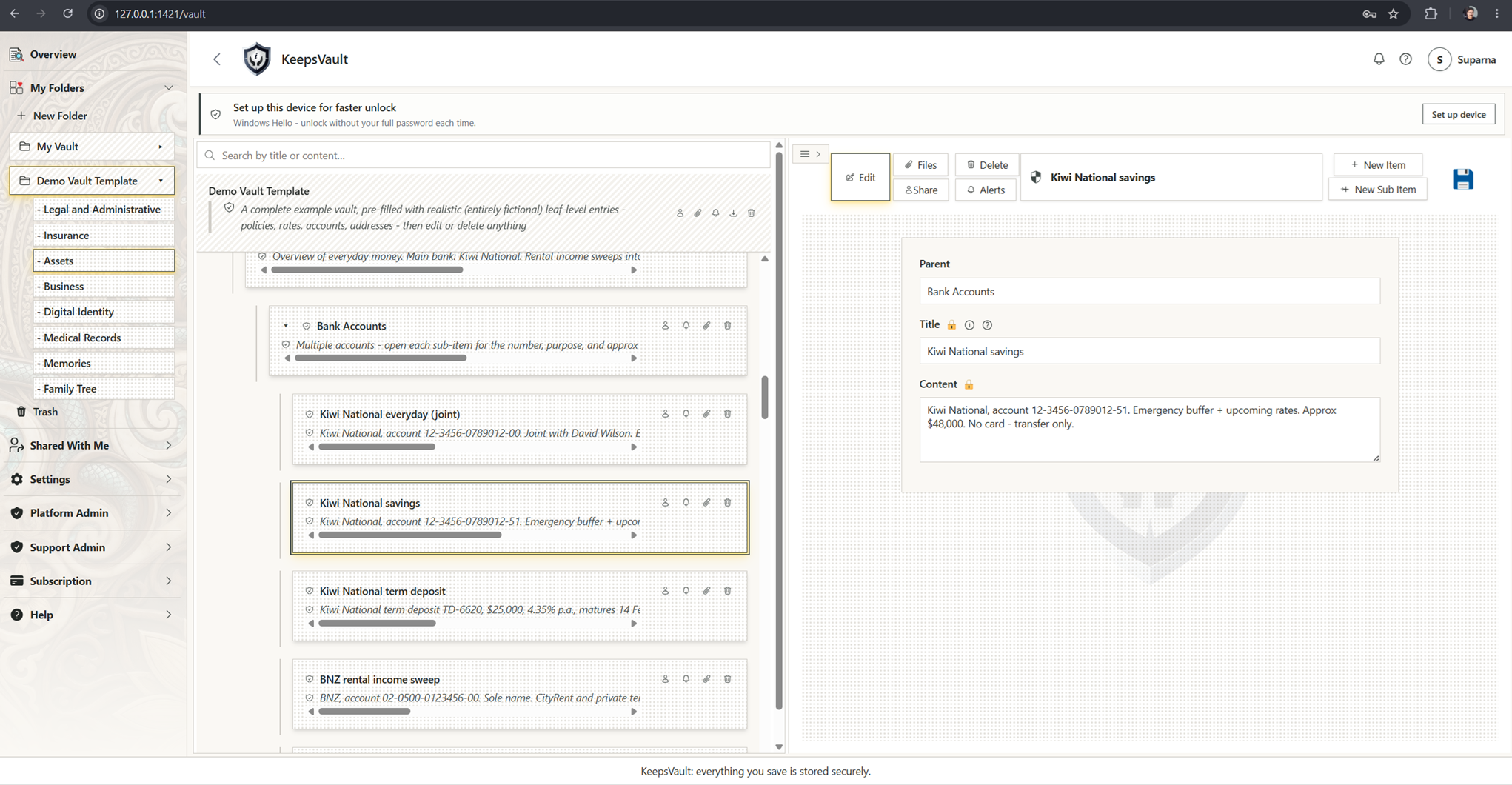 The KeepsVault application showing folders, protected items, reminders and sharing controls